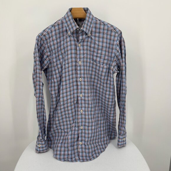 Peter Millar Mens Small Plaid Button-Up Shirt Blue Purple 100% Cotton Long Sleev - Picture 2 of 7